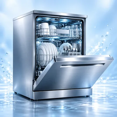 Open dishwasher with clean dishes